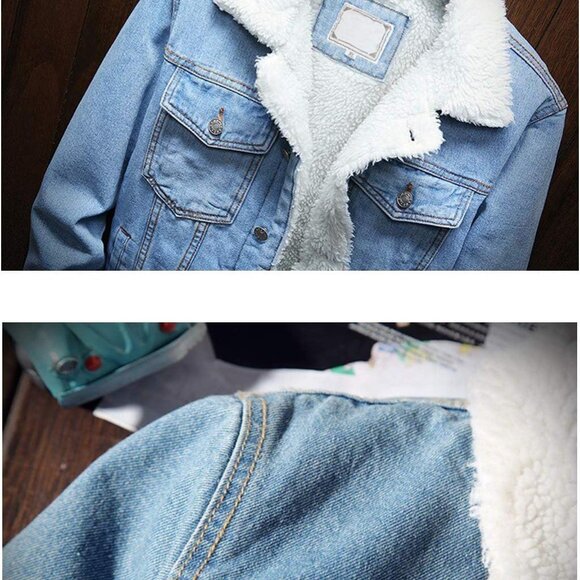 Men's Lapel Sherpa Fleece Lined Denim Trucker Jacket, Large - Warmth Meets Style - Picture 6 of 7
